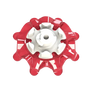 Top view of red Pulsar golf spike on a white background