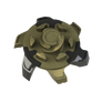 Bottom of shoe spike that is black and gold.