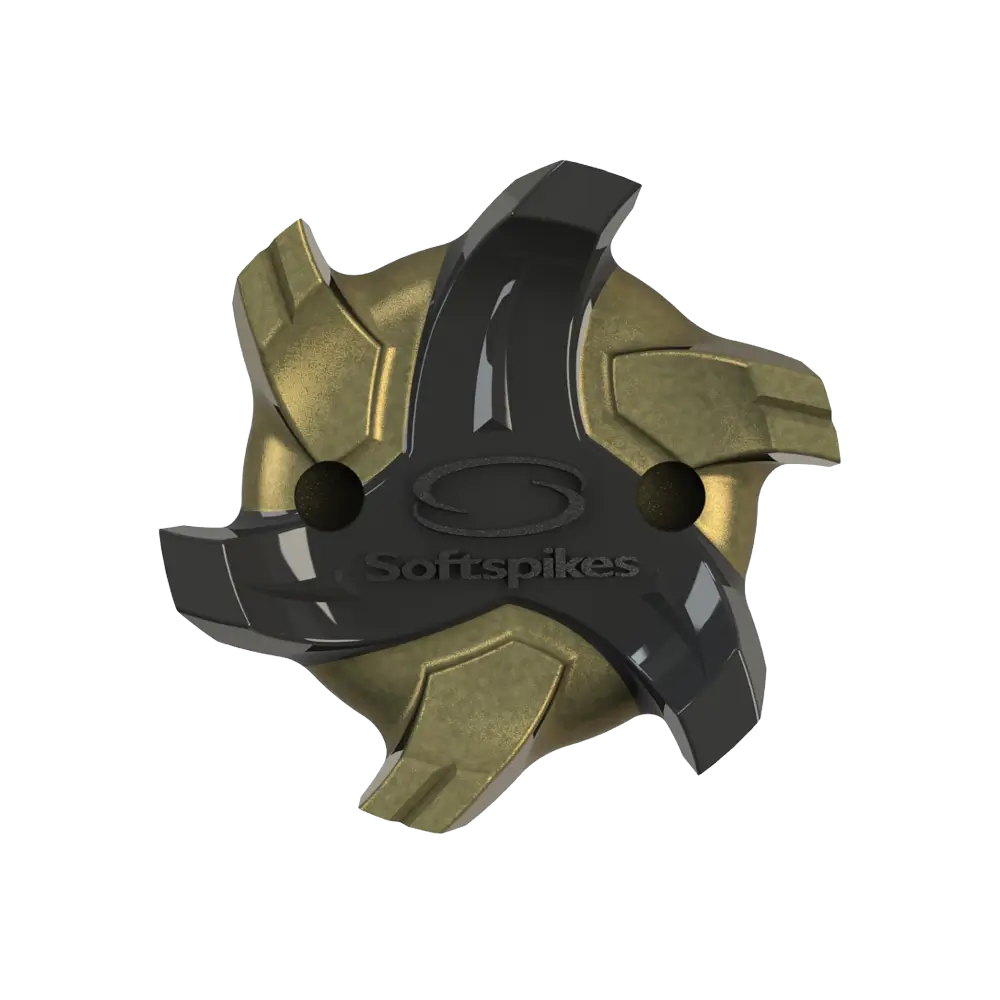 Gold and black spiked shoe cleat with 'Softspikes' branding on a white background
