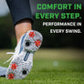 A golf shoe with red and black Pivix spikes attached with an overlay describing there is comfort in every step.