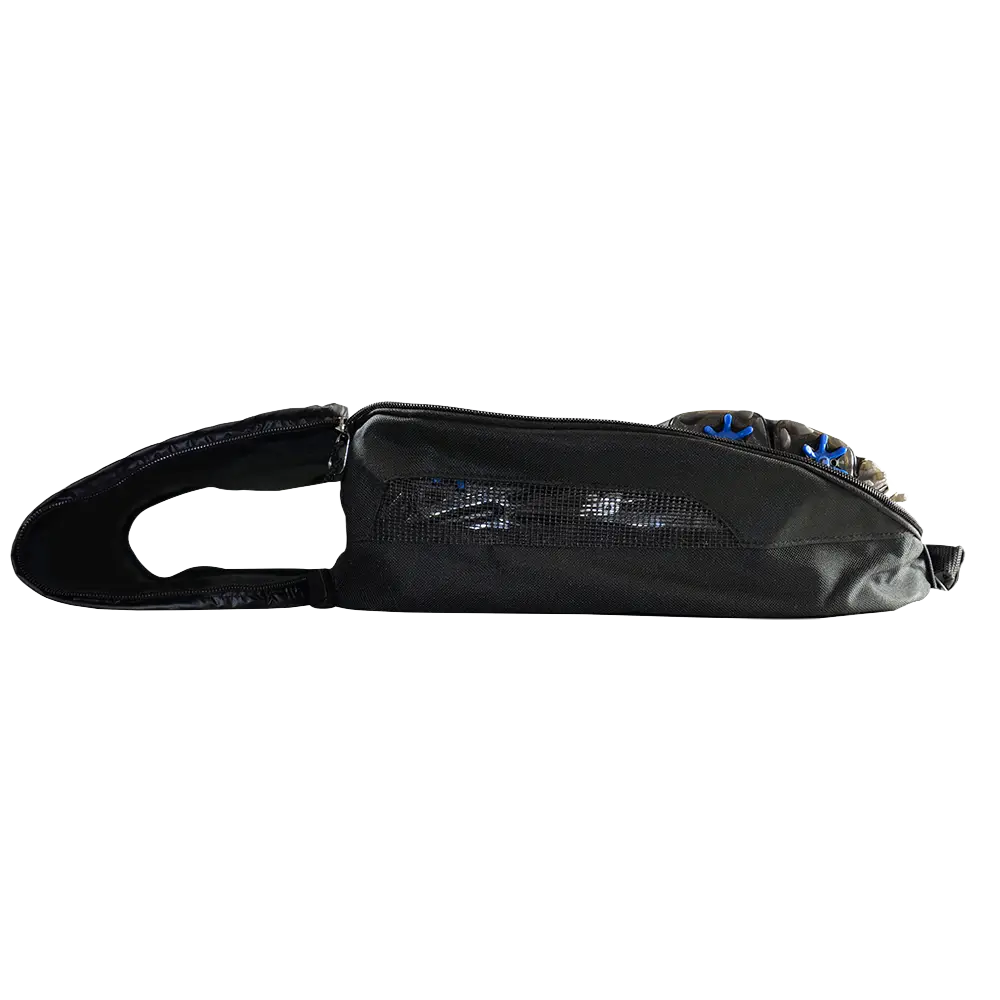 Black bag with golf shoes on a white background