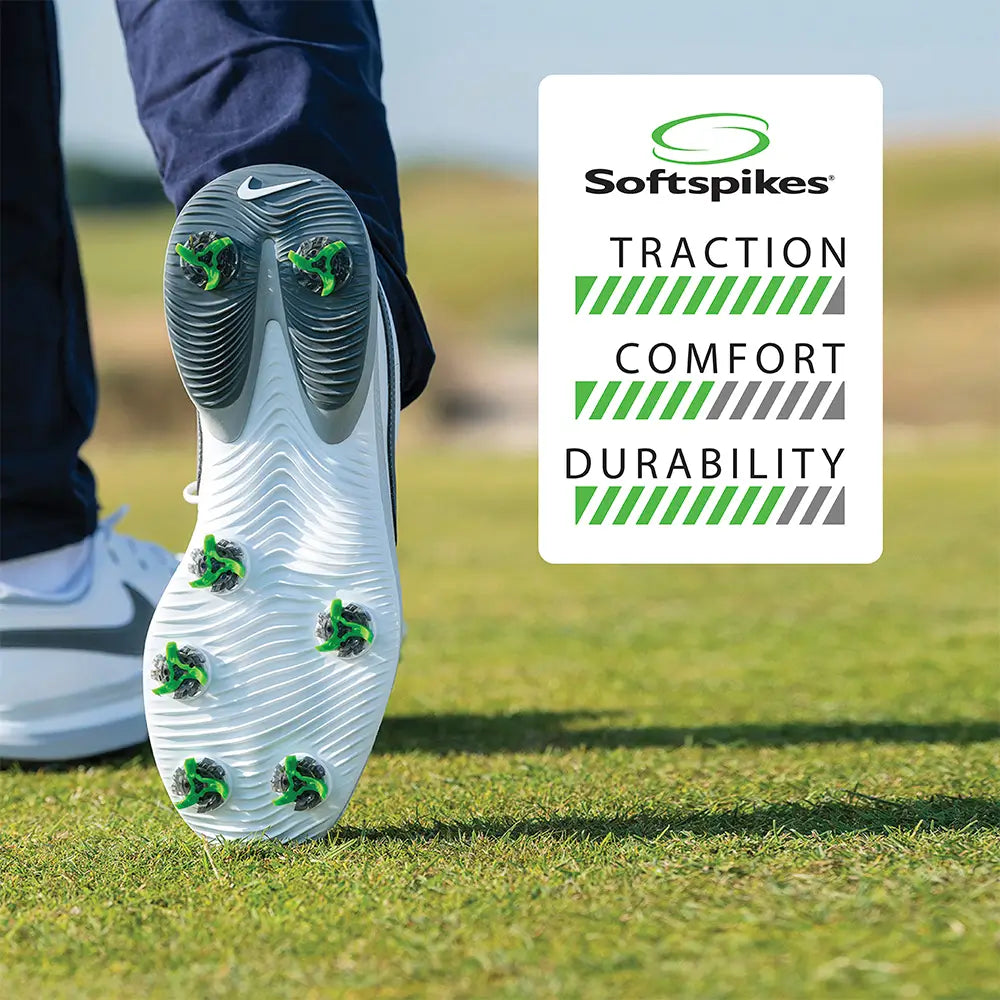 Tour Flex Pro Golf Spike on a golf shoe showing the comfort, durability and comfort gauges.