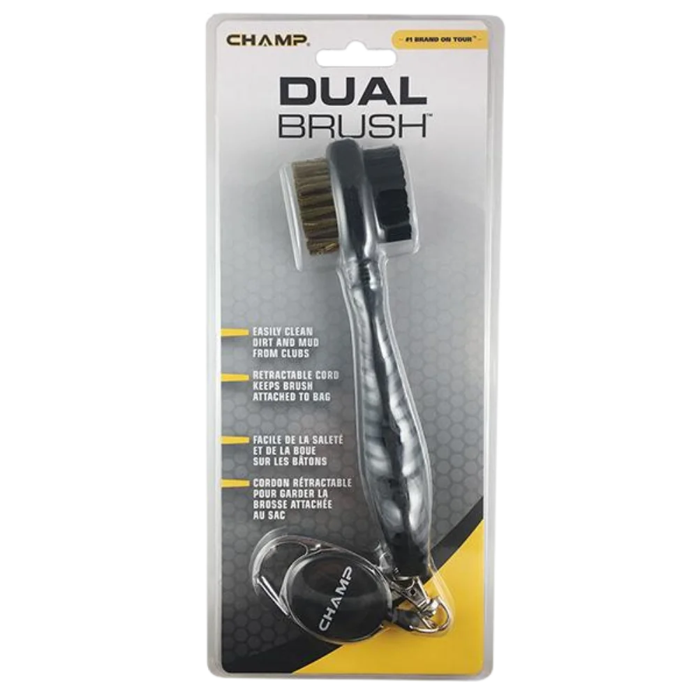 Champ Dual Brush packaging with a brush and carabiner on a white background