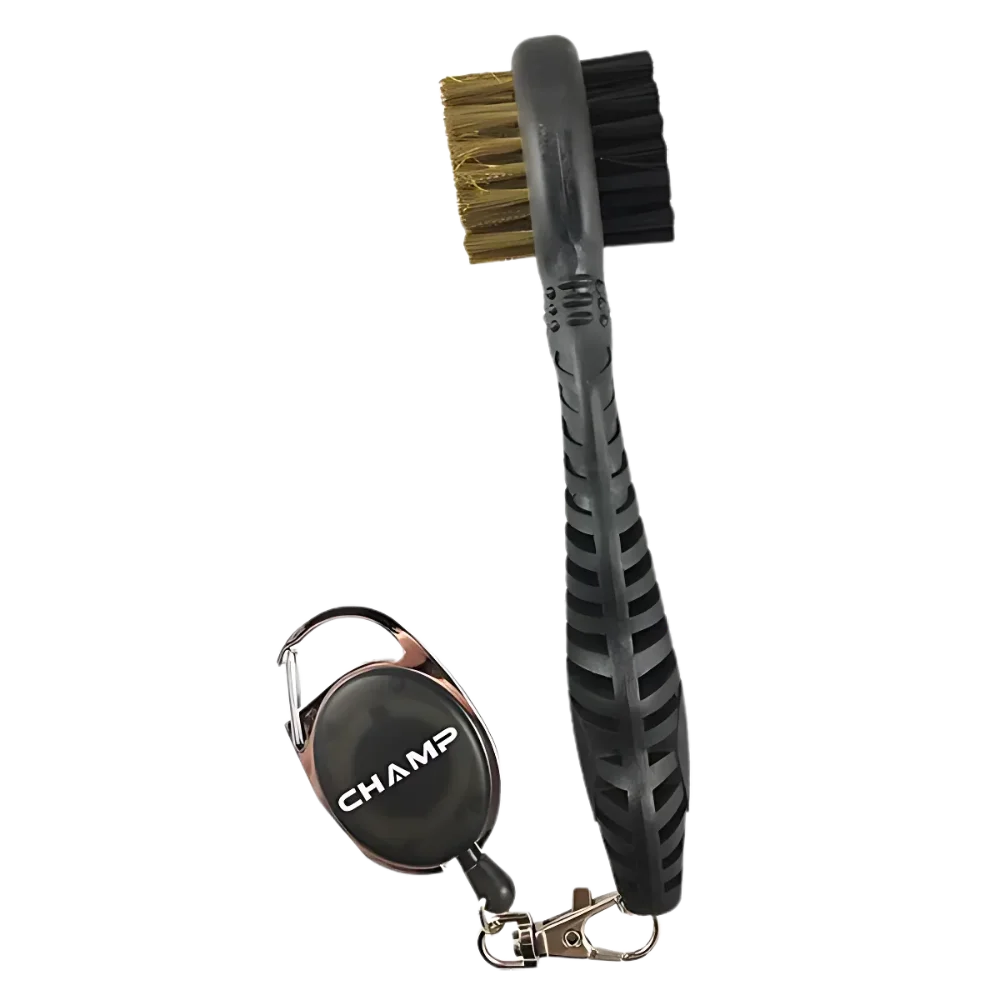 Retractable cleaning brush with black handle and brown bristles, attached to a black holder with 'Champ' branding.