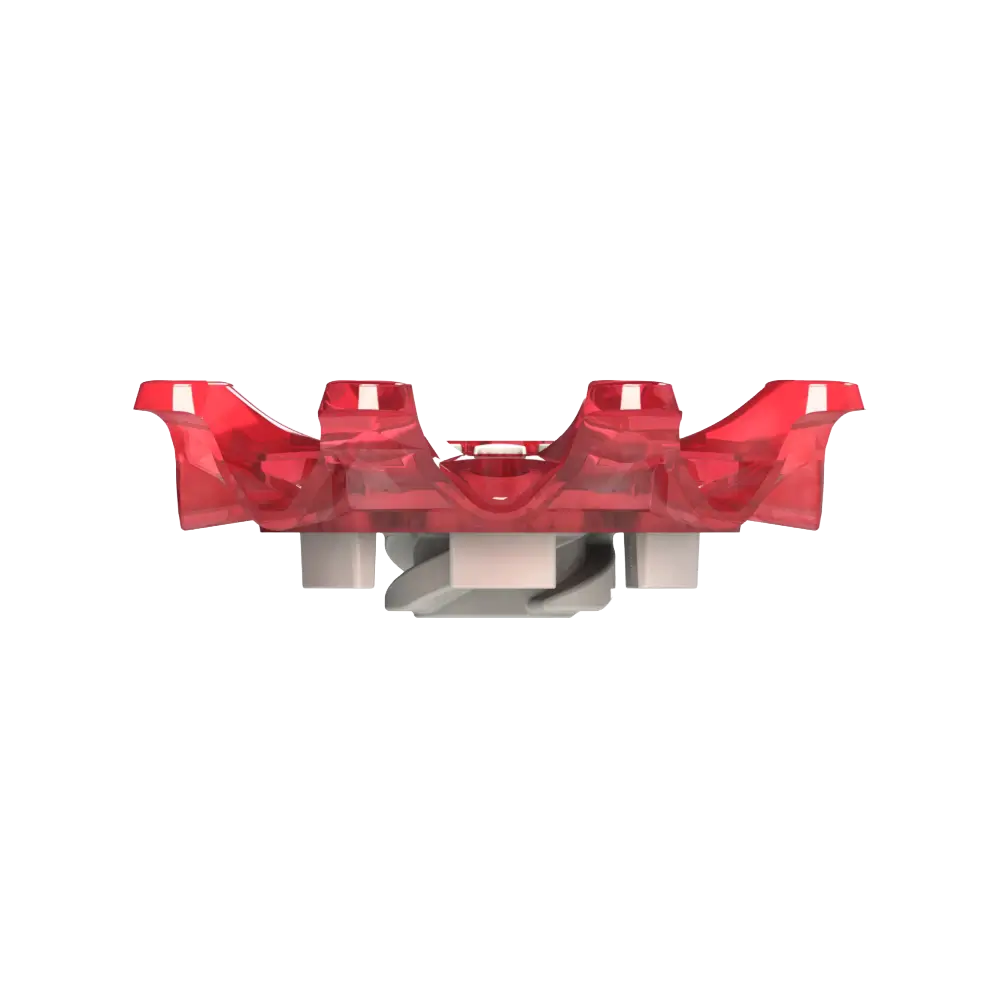 Side view of red Pulsar golf spike on a white background