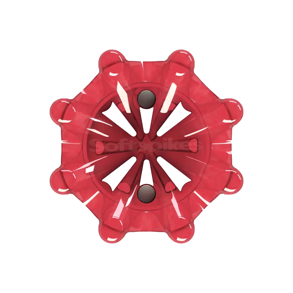 Bottom view of red Pulsar golf spike on a white backgr