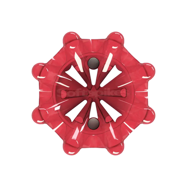 Bottom view of red Pulsar golf spike on a white backgr