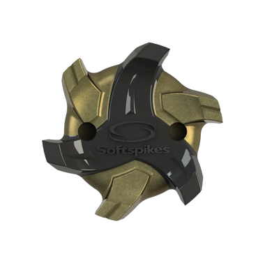Gold and black spiked shoe cleat with 'Softspikes' branding on a white background