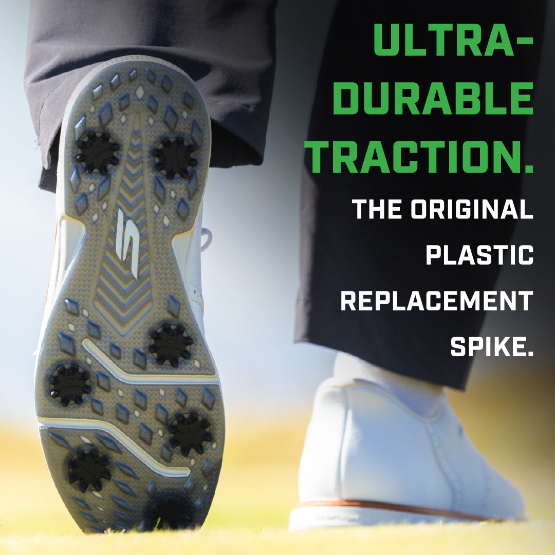 Close-up of a shoe sole with spikes and text about ultra-durable traction.