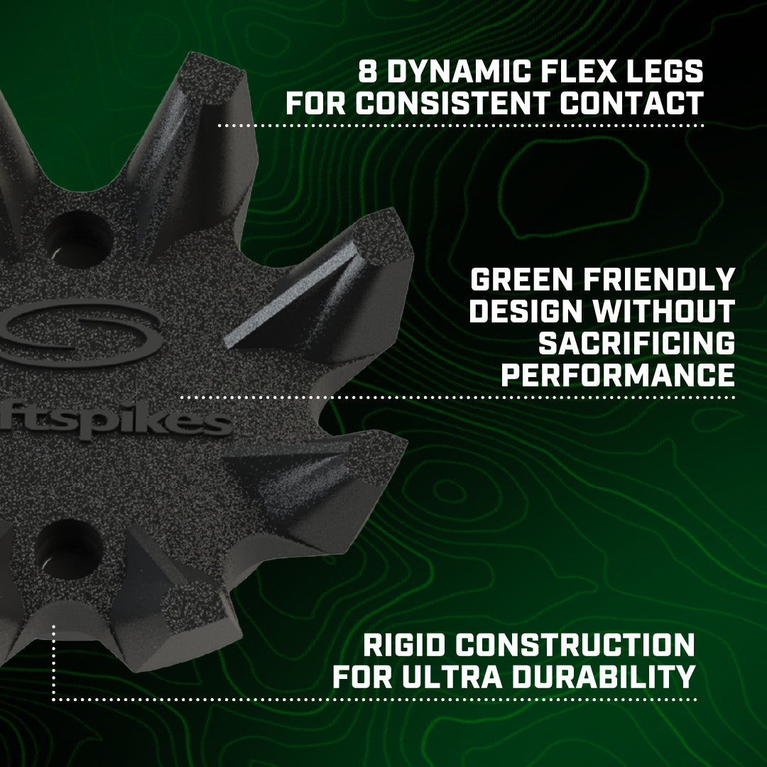 Black spiked shoe cleat with text highlighting features on a green background