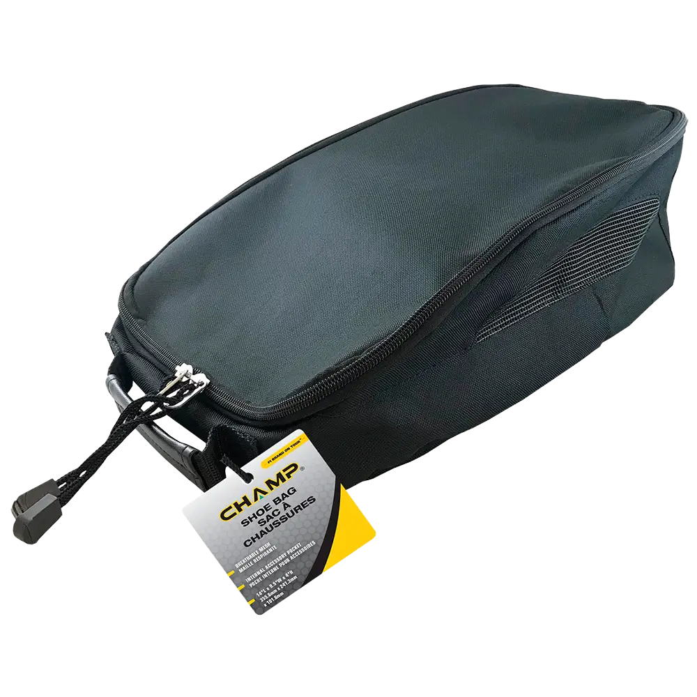 Black shoe bag with a visible brand label on a white background