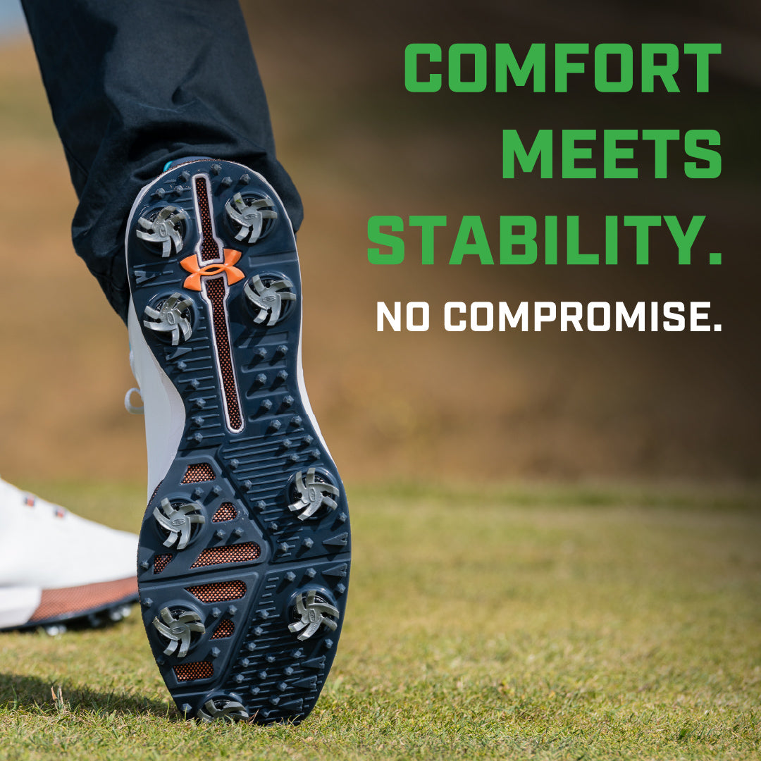 Silver Tornado Spikes attached to a golf shoe showing the benefits overview. 