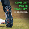 Silver Tornado Spikes attached to a golf shoe showing the benefits overview. 