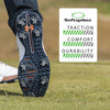Silver Tornado Spikes attached to a golf shoe showing the traction, comfort and durability gauges. 