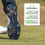 Silver Tornado Spikes attached to a golf shoe showing the traction, comfort and durability gauges. 