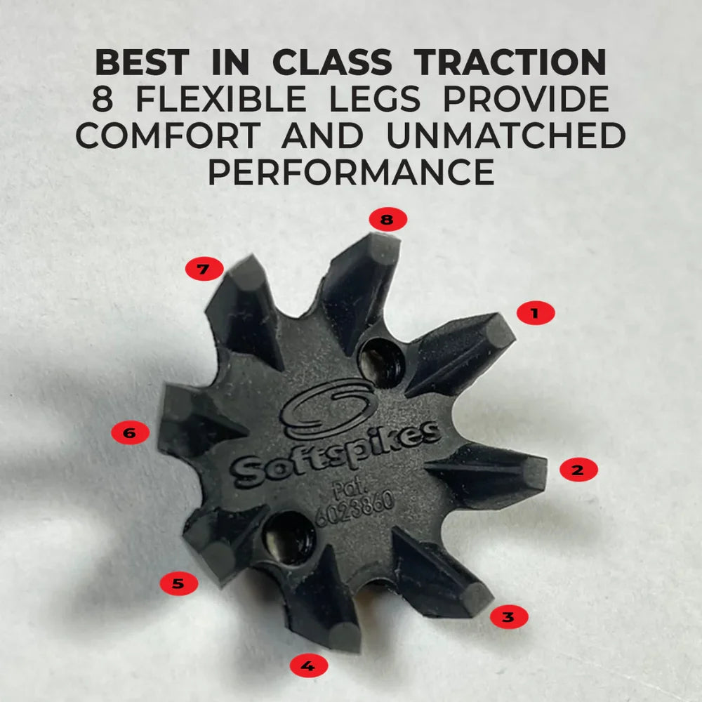 Black traction device with Softspikes branding on a white background, featuring text about flexibility and performance.