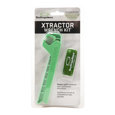A Softspikes Xtractor Wrench Kit, featuring a green wrench for spike removal and installation, packaged in clear plastic.